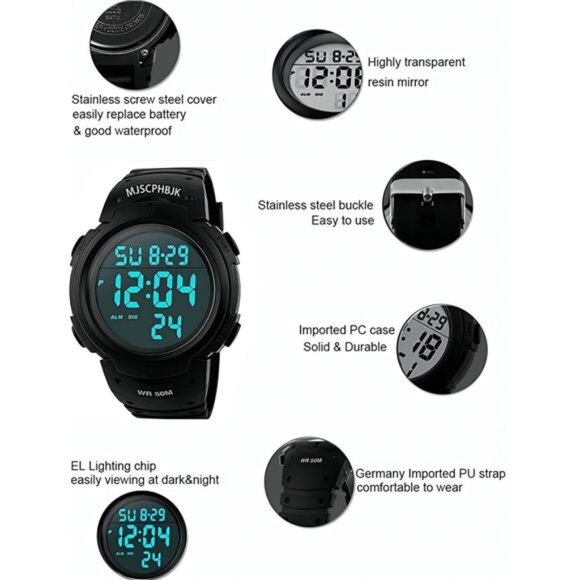 Mens Digital Sports Watch, Waterproof LED Screen Large Face Military Watches - Picture 5 of 7